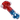 Angled close-up of the DankStop Tri-Color Frit Flat Spoon Pipe - 3.5 in., showing a glossy red bowl and stem flecked with blue leading to a clear rounded mouthpiece.