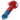 Angled close-up of the DankStop Tri-Color Frit Flat Spoon Pipe - 3.5 in., showing a red-speckled bowl and stem with a vivid blue frit core and soft pink glass accents.