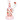 Close three-quarter view of the Pulsar Fruit Series Strawberry Cough Glow In The Dark Dab Rig Kit - 8" / 14mm F showing a pink-tinted glass rig covered in small red strawberry decals and a strawberry-shaped bowl on a white background